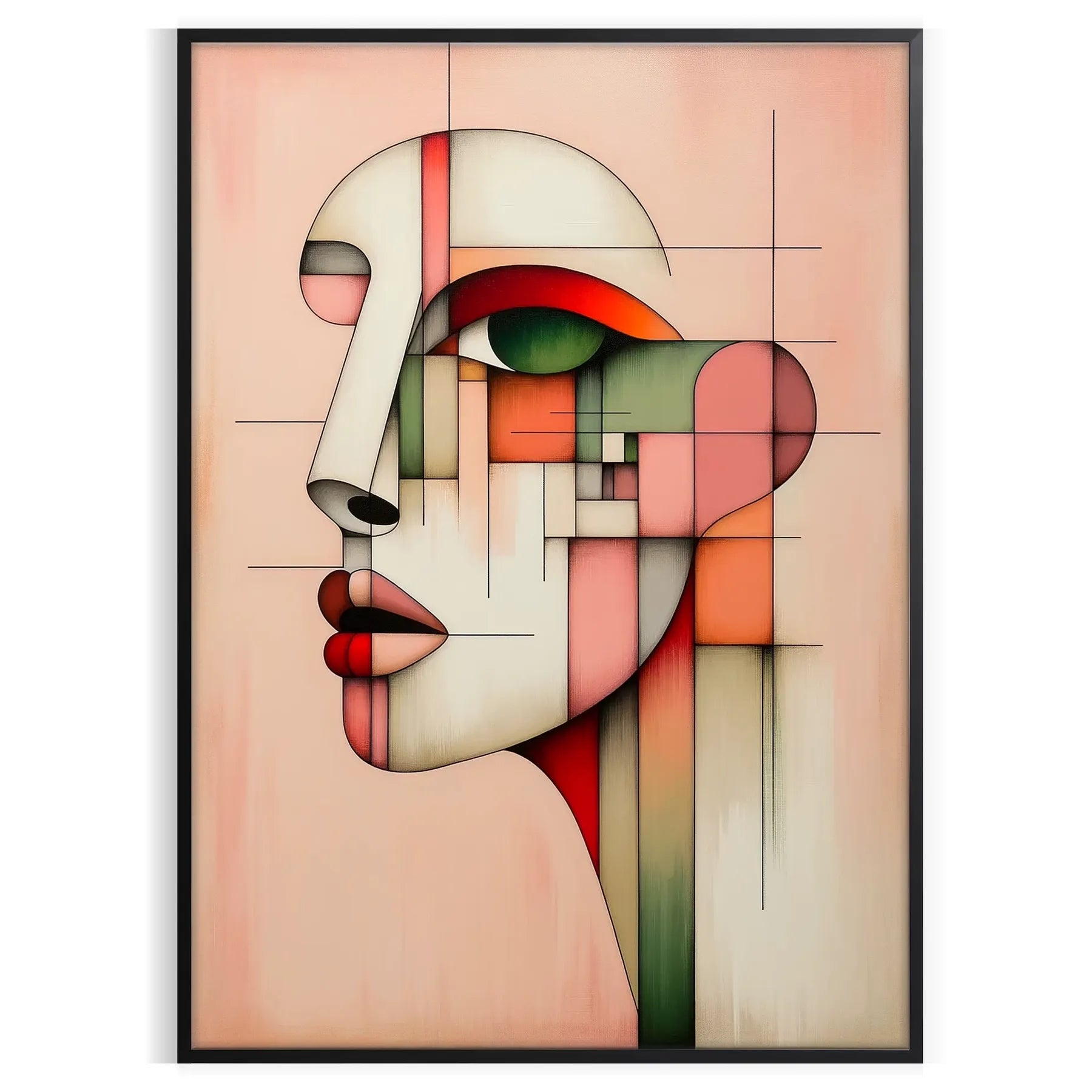 space vibrant abstract geometrical human art poster rich orange red hues wall unique gift stunning print modern flair room sizes A4 cm A0
