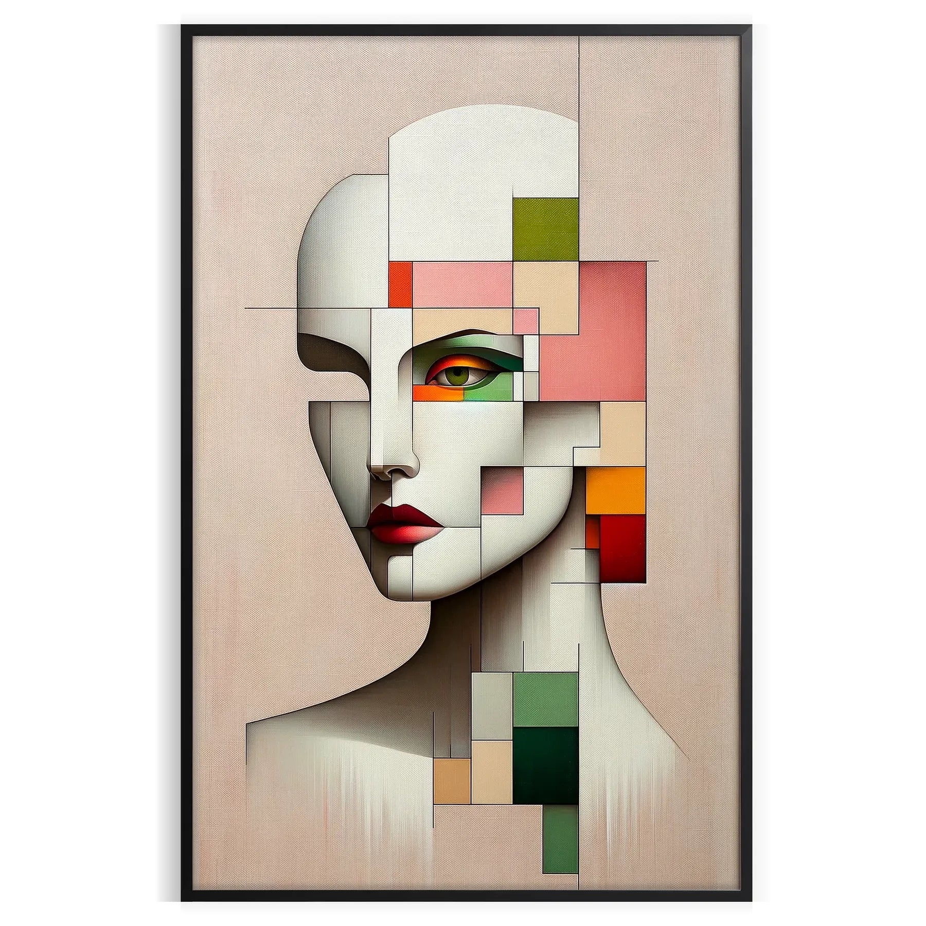 space captivating abstract geometrical human poster vibrant red green hues unique wall art piece thoughtful gift decor stunning artwork unframed variations