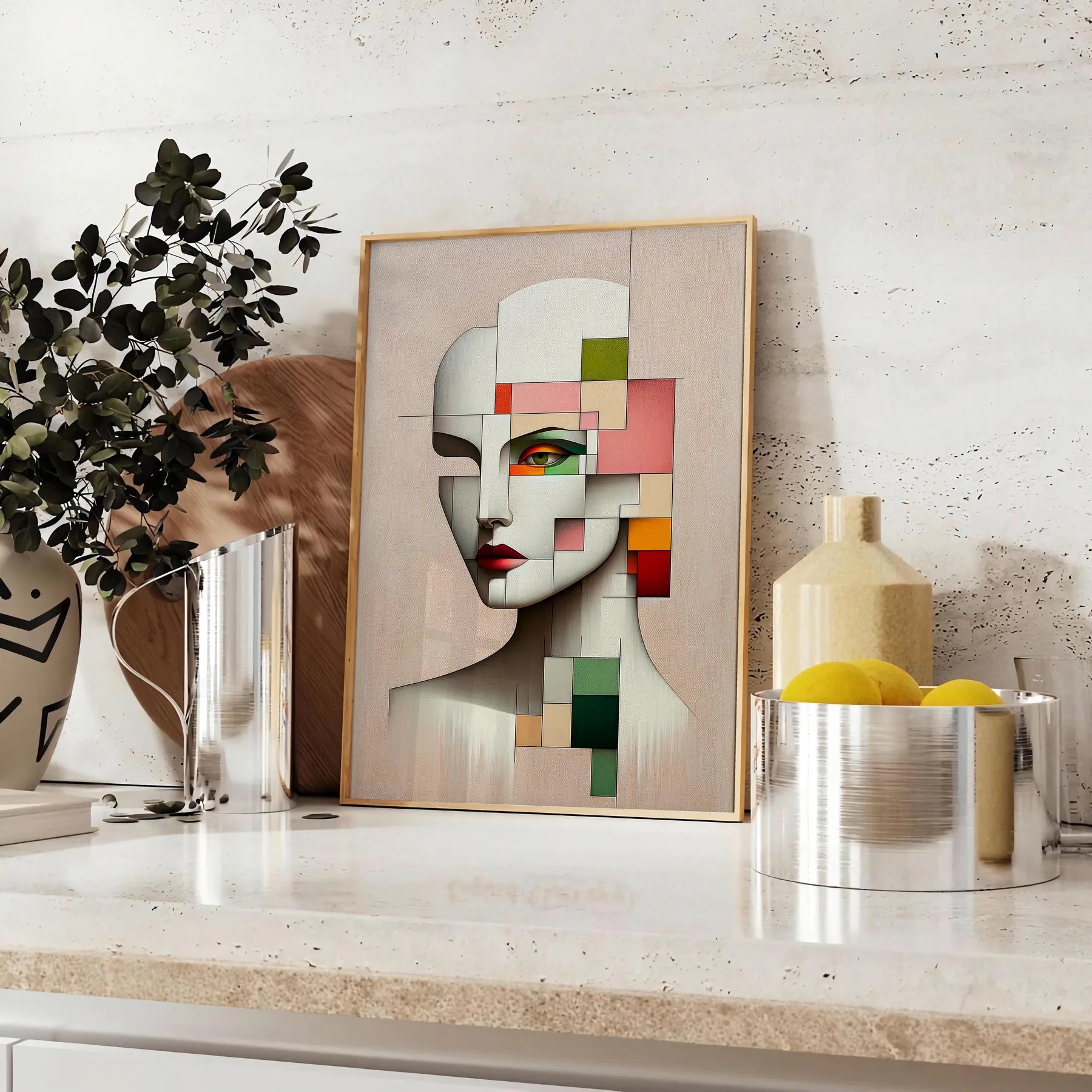 space abstract geometrical human poster vibrant shades orange red stunning wall art perfect gift splash creativity room sizes A4 cm A0