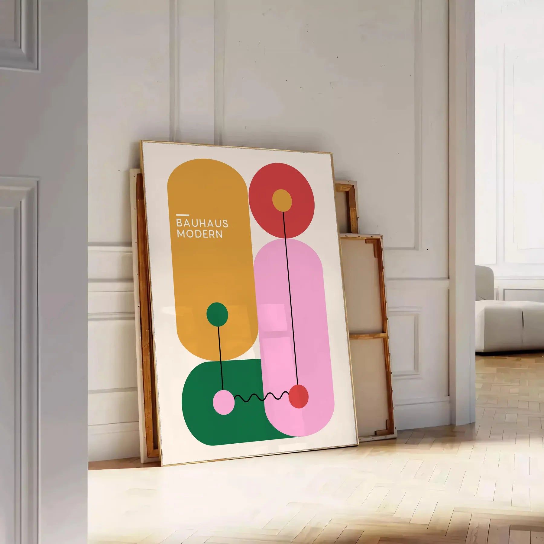 space Bauhaus geometrical design poster bold green orange hues stunning wall art print perfect gift lovers room sizes A4 cm A0