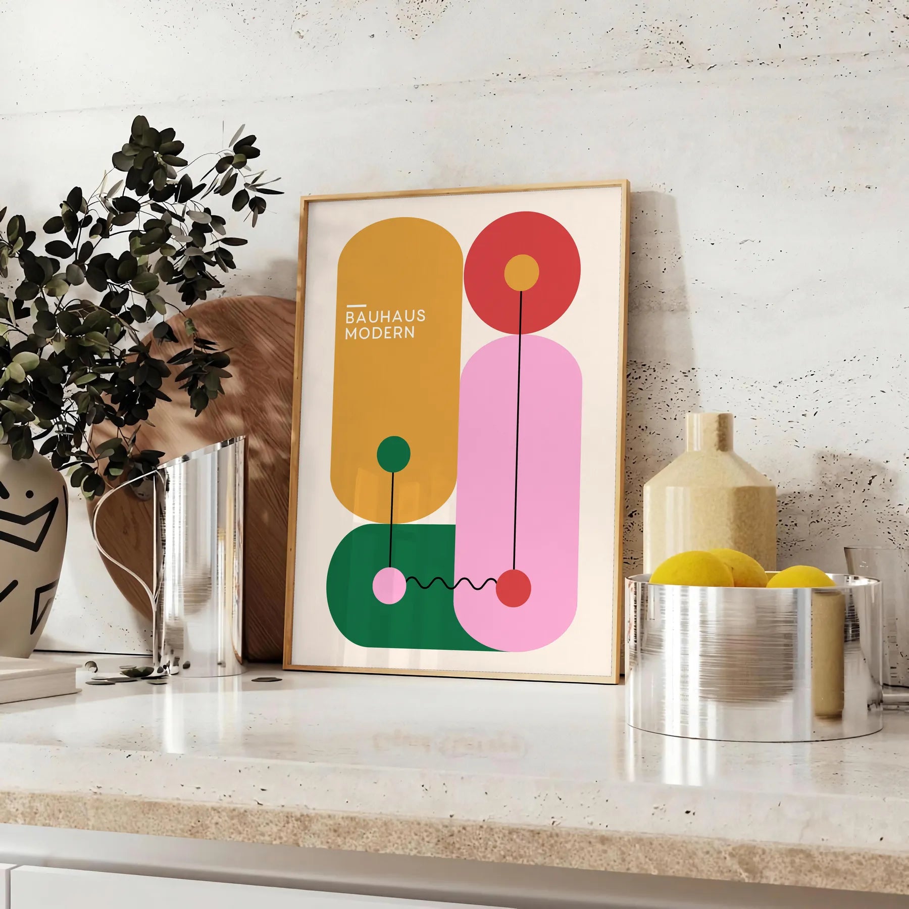 space Bauhaus geometrical design poster bold green orange hues stunning wall art print perfect gift lovers room sizes A4 cm A0