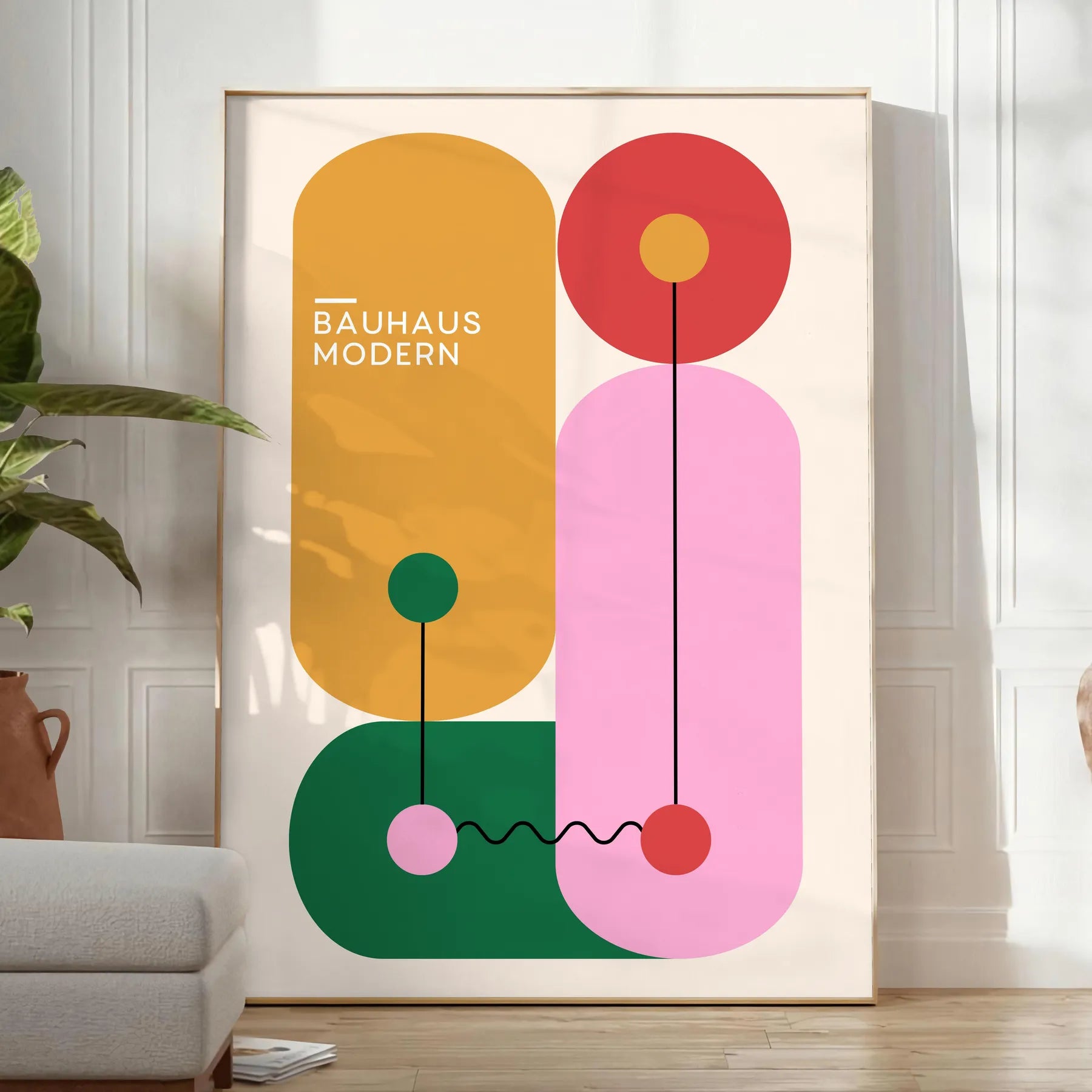 space Bauhaus geometrical design poster bold green orange hues stunning wall art print perfect gift lovers room sizes A4 cm A0