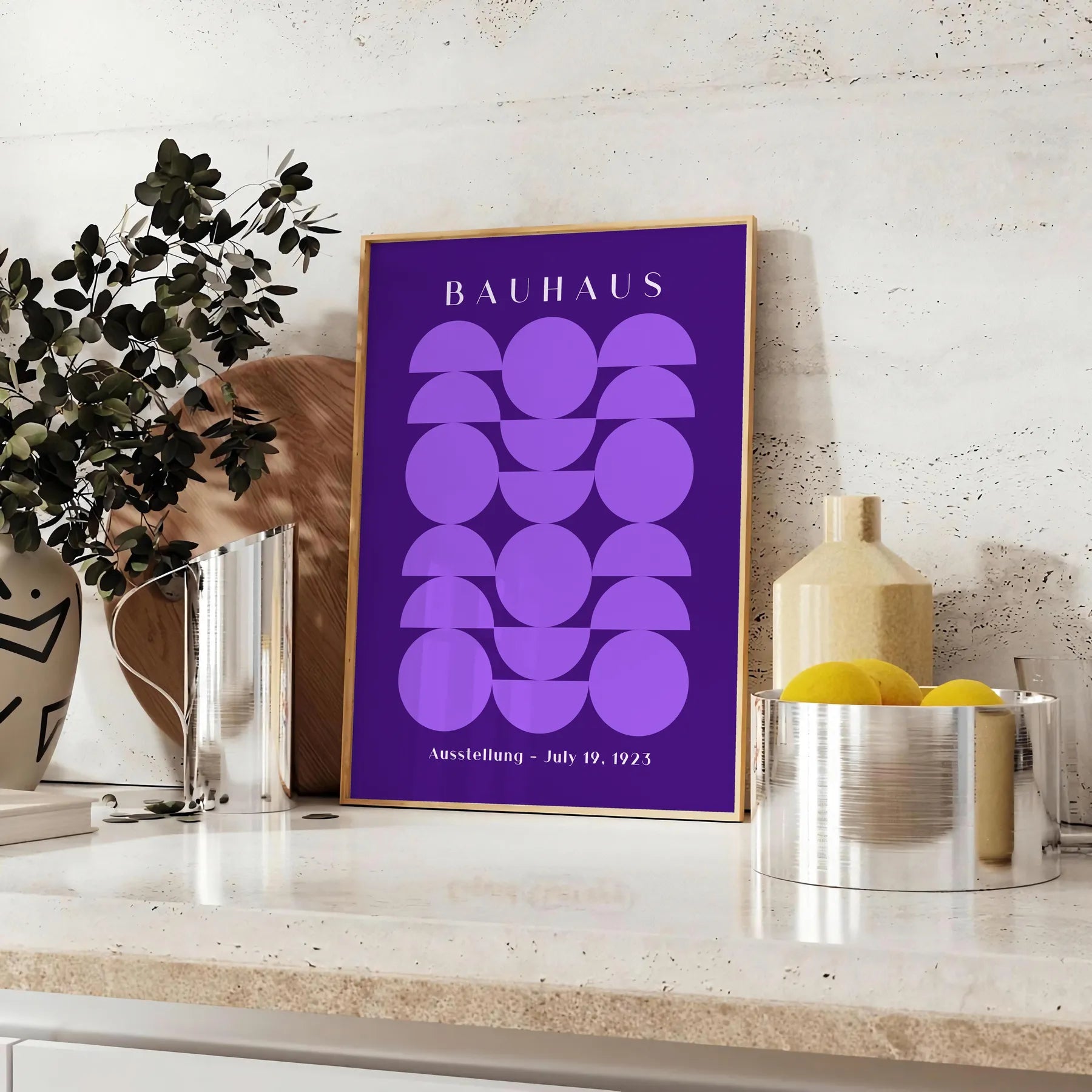 space stunning Bauhaus poster design bold geometrical patterns vibrant purple crisp white wall art thoughtful gift print essence modernist style