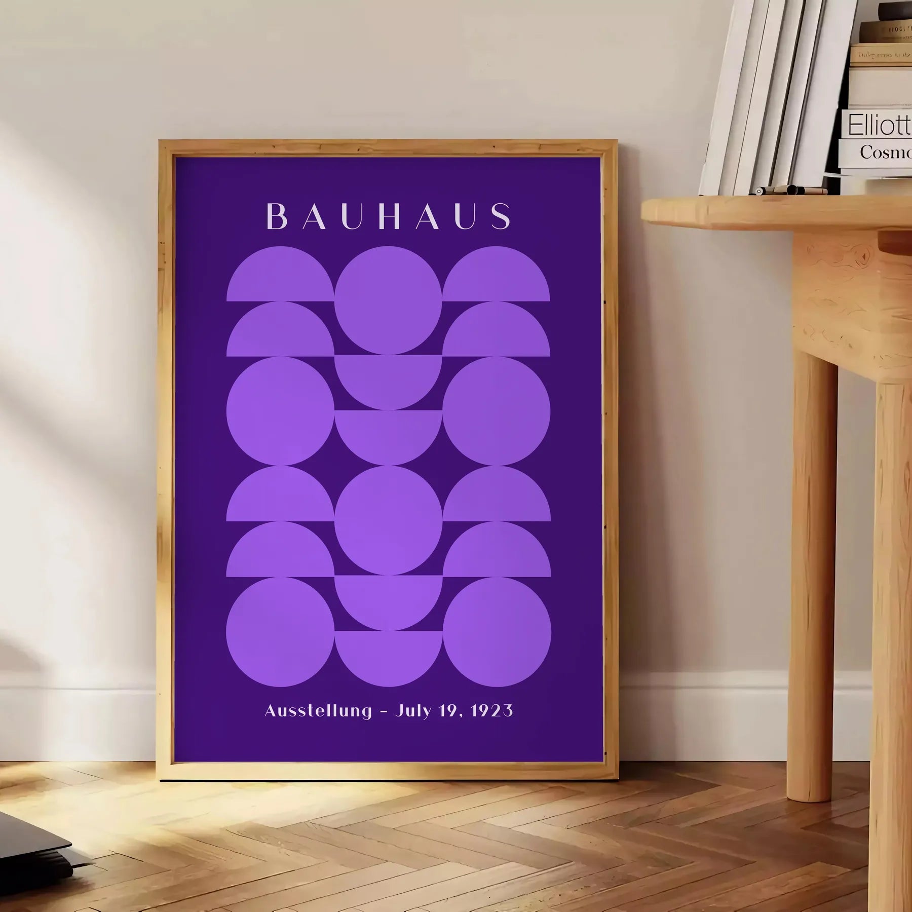 space stunning Bauhaus poster design bold geometrical patterns vibrant purple crisp white wall art thoughtful gift print essence modernist style