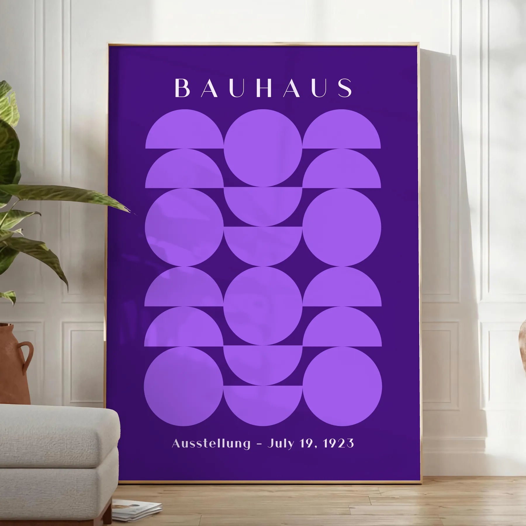 space stunning Bauhaus poster design bold geometrical patterns vibrant purple crisp white wall art thoughtful gift print essence modernist style