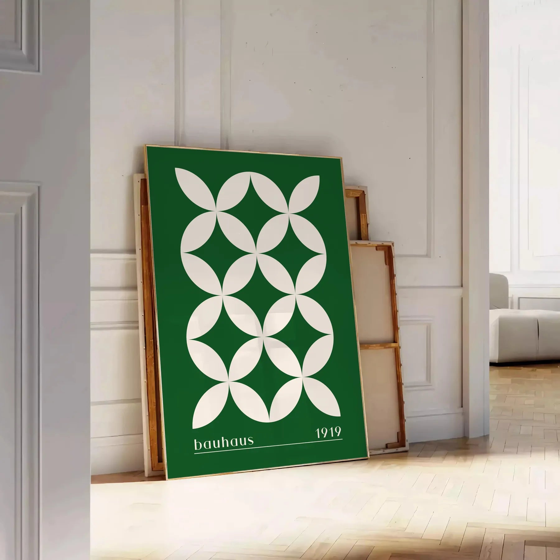 space captivating Bauhaus art prints geometrical designs green white poster modern aesthetics timeless elegance wall unique gift sizes A4 cm A0