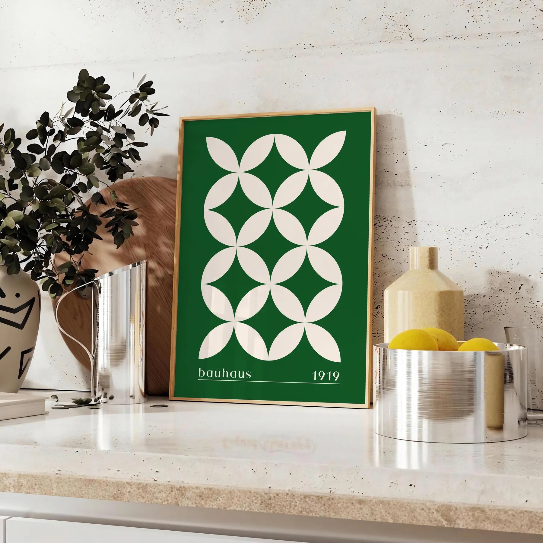 space captivating Bauhaus art prints geometrical designs green white poster modern aesthetics timeless elegance wall unique gift sizes A4 cm A0