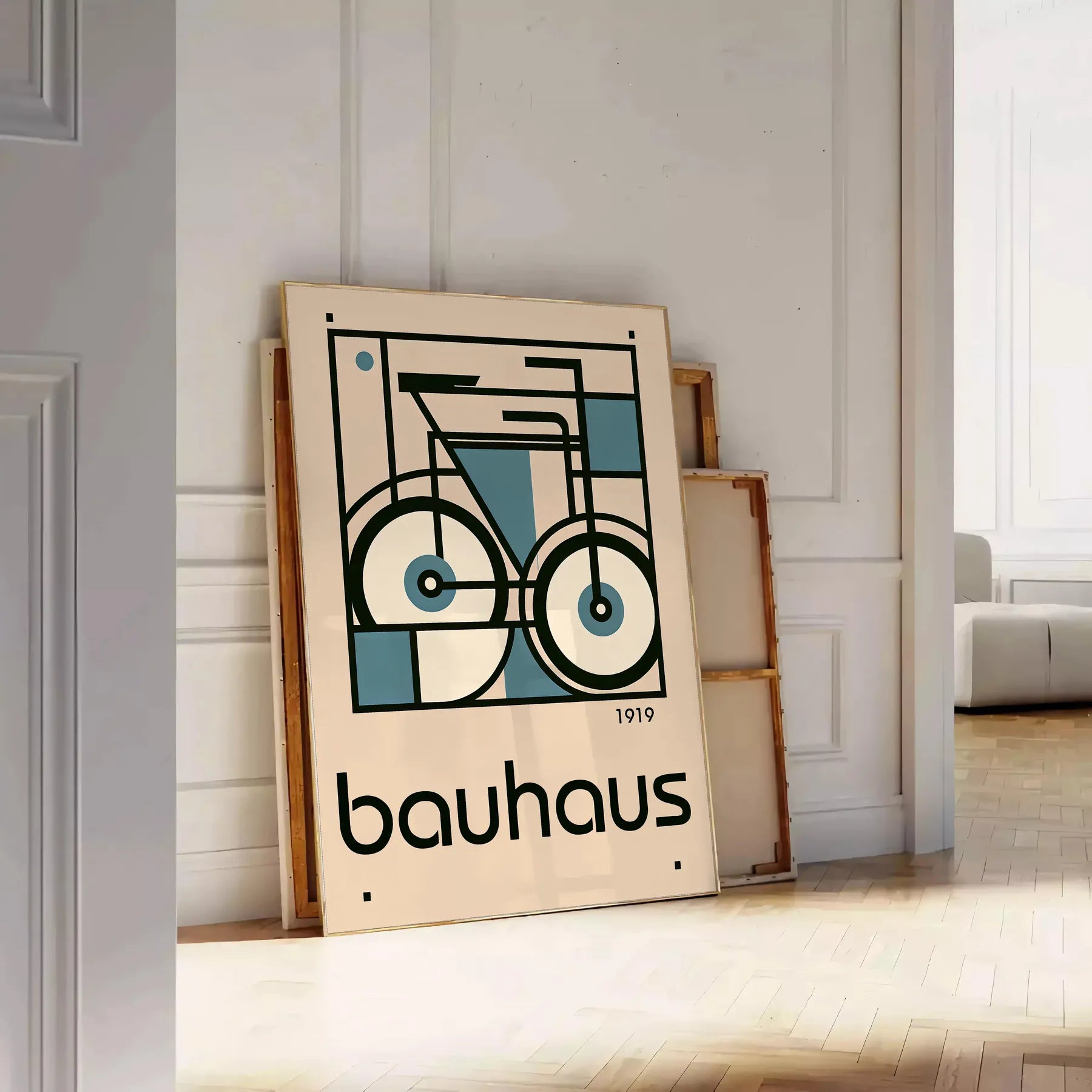 space captivating Bauhaus art print unique bicycle motif striking poster blends iconic design modern flair perfect wall thoughtful gift sizes A4 cm A0