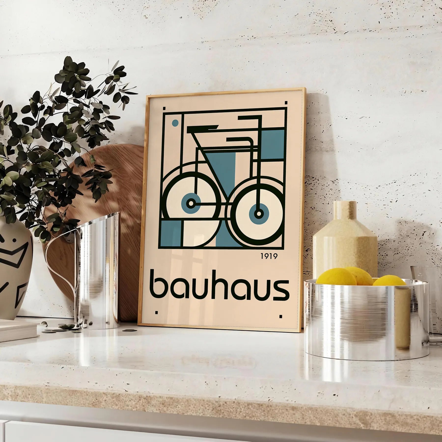 space captivating Bauhaus art print unique bicycle motif striking poster blends iconic design modern flair perfect wall thoughtful gift sizes A4 cm A0