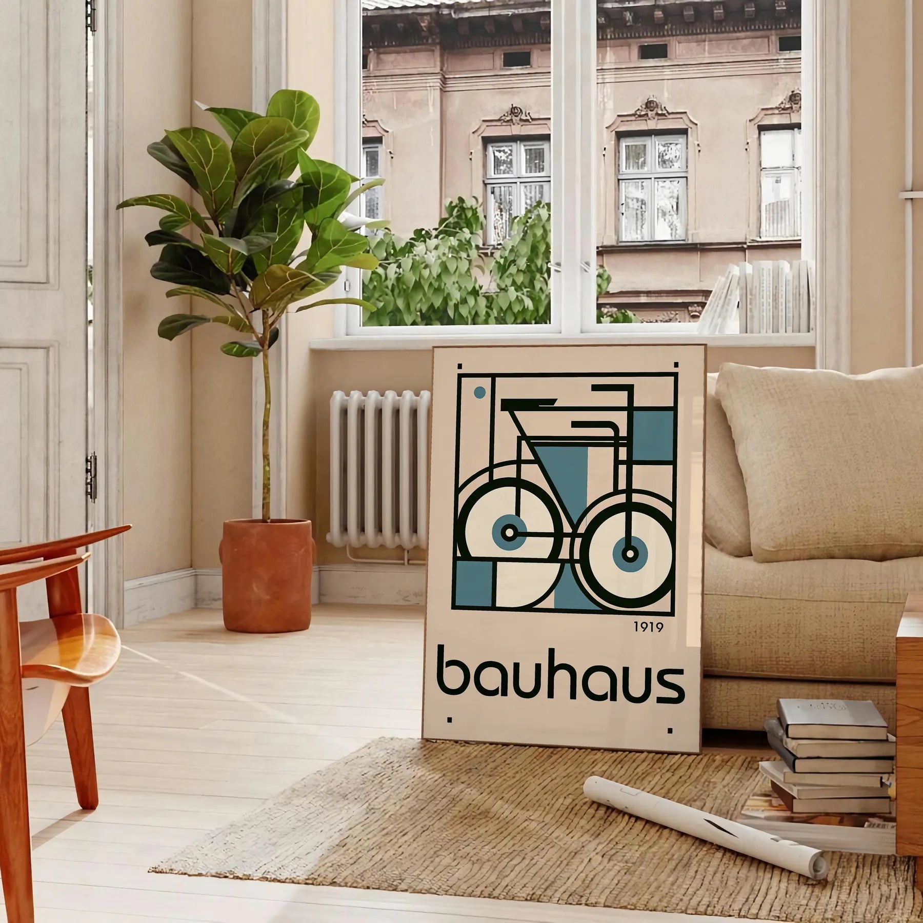 space captivating Bauhaus art print unique bicycle motif striking poster blends iconic design modern flair perfect wall thoughtful gift sizes A4 cm A0
