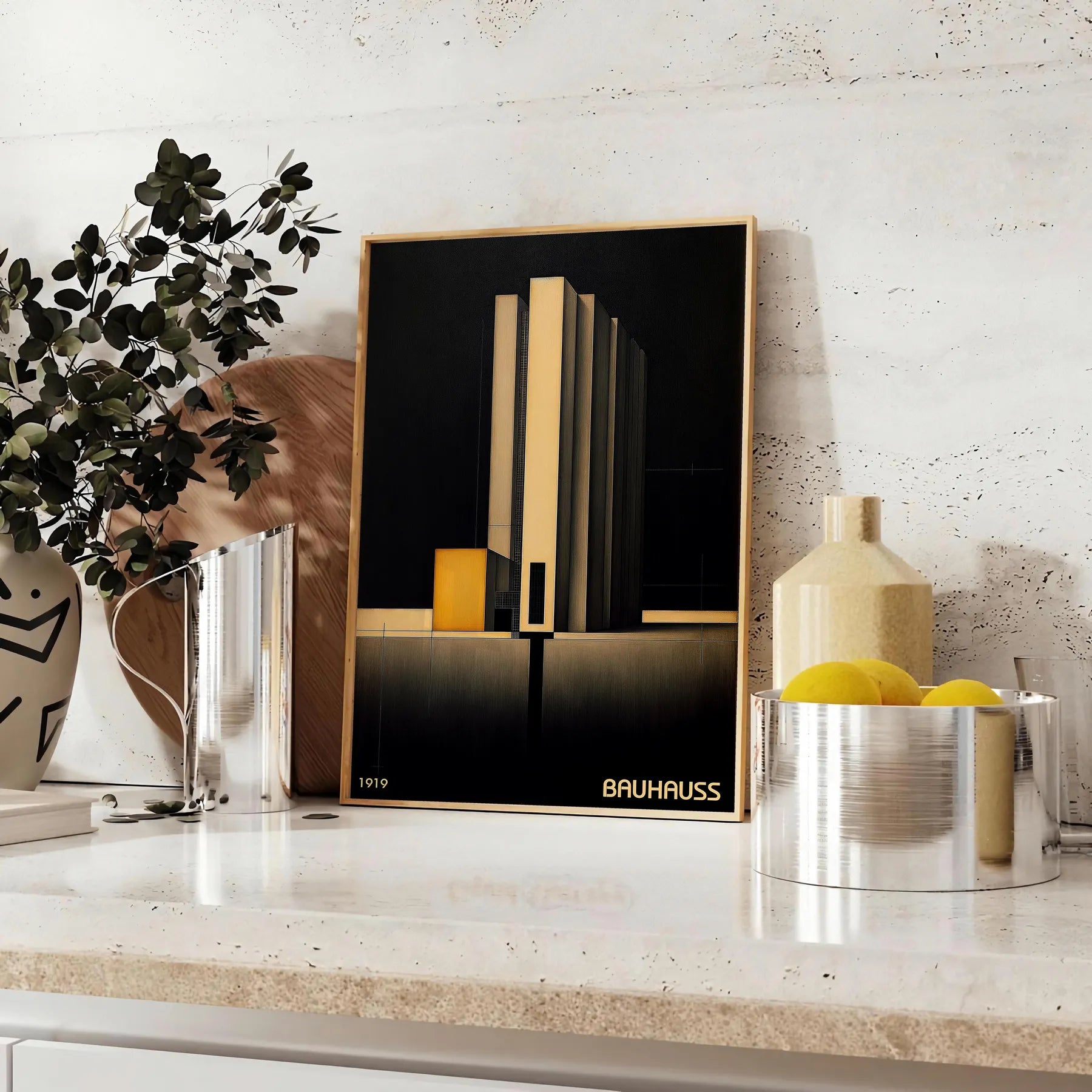 space striking Bauhaus dark poster design captivating piece wall art modern aesthetics timeless style perfect artwork home unique gift favorite unframed options