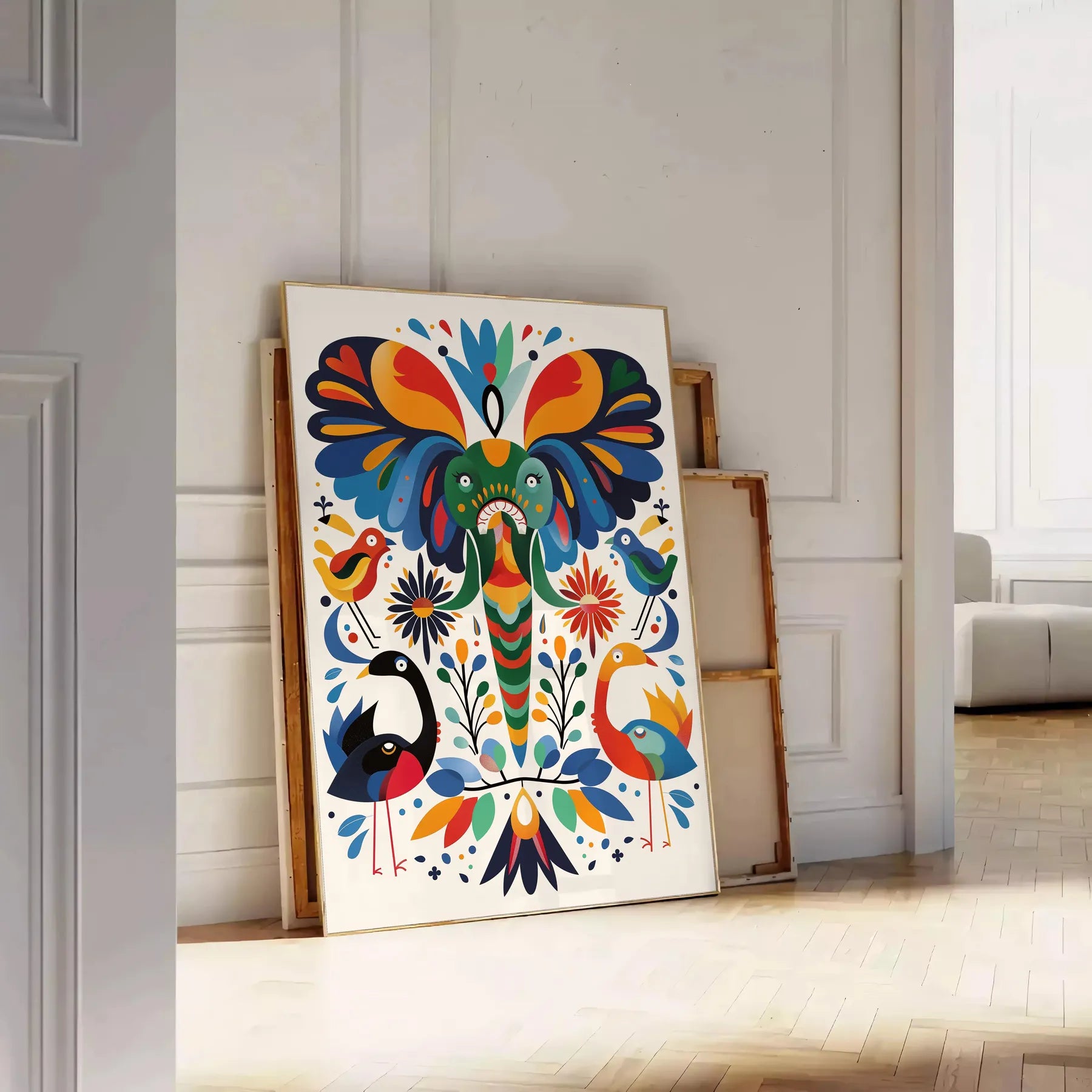 space geometric minimal art poster vibrant orange blue hues unique wall thoughtful gift sizes A4 cm A0 decor stunning artwork today