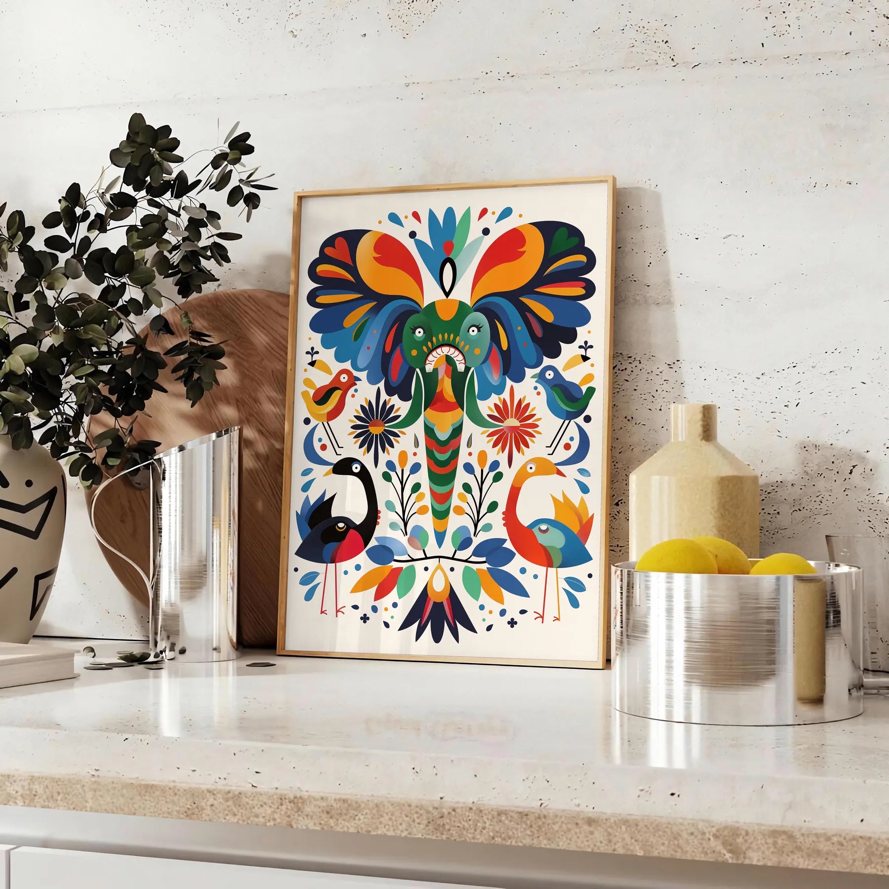 space geometric minimal art poster vibrant orange blue hues unique wall thoughtful gift sizes A4 cm A0 decor stunning artwork today