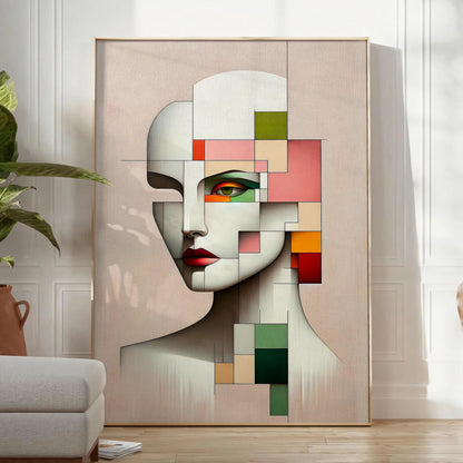 space captivating abstract geometrical human poster vibrant red green hues unique wall art piece thoughtful gift decor stunning artwork unframed variations