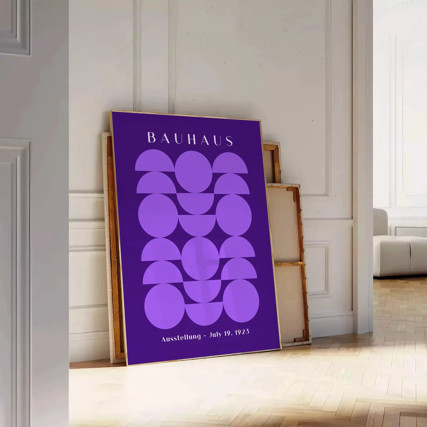 space stunning Bauhaus poster design bold geometrical patterns vibrant purple crisp white wall art thoughtful gift print essence modernist style