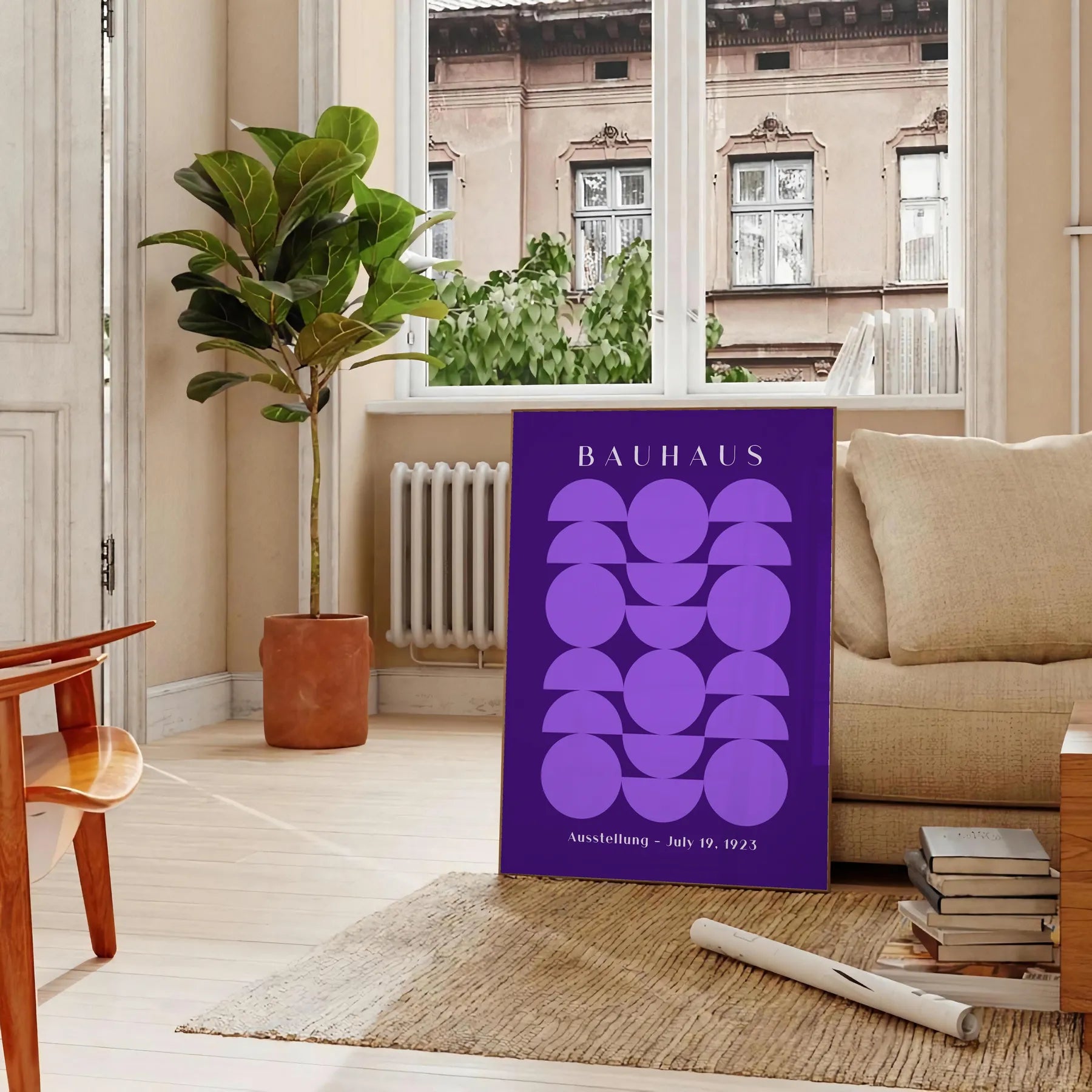 space stunning Bauhaus poster design bold geometrical patterns vibrant purple crisp white wall art thoughtful gift print essence modernist style